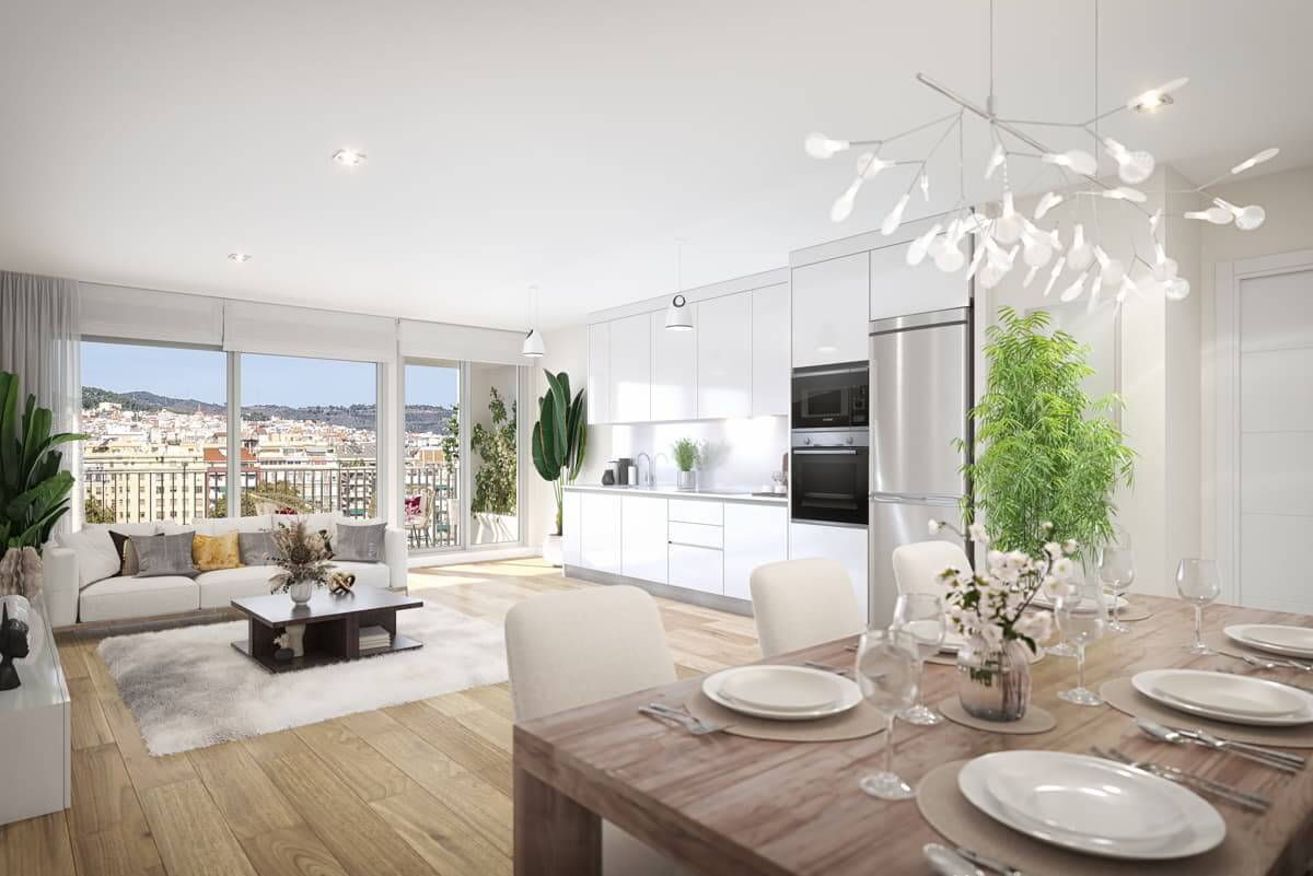 Salón con cocina abierta en nuestros pisos nuevos en Barcelona