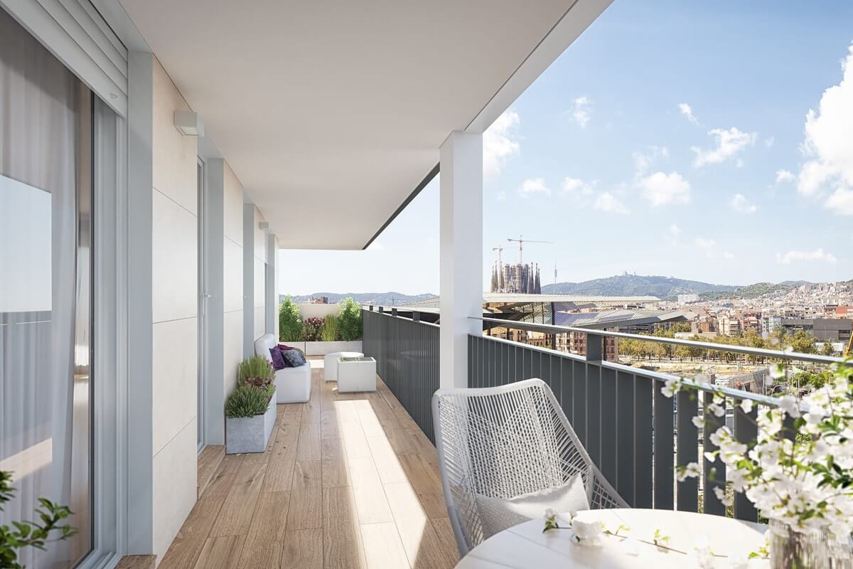 Terrazas con vistas de pisos nuevos en Poblenou, Barcelona