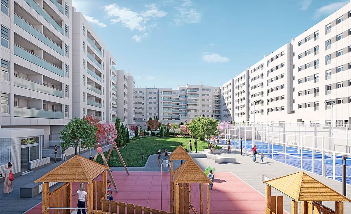 Zonas comunes con parque infantil en pisos de obra nueva en el Ensanche de Alcalá de Henares